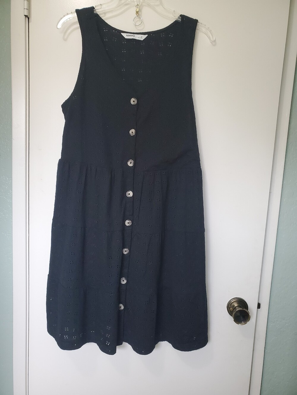 Sonoma Sleeveless Black Eyelet Button Front Mini Dress Tunic Tiered Sz M